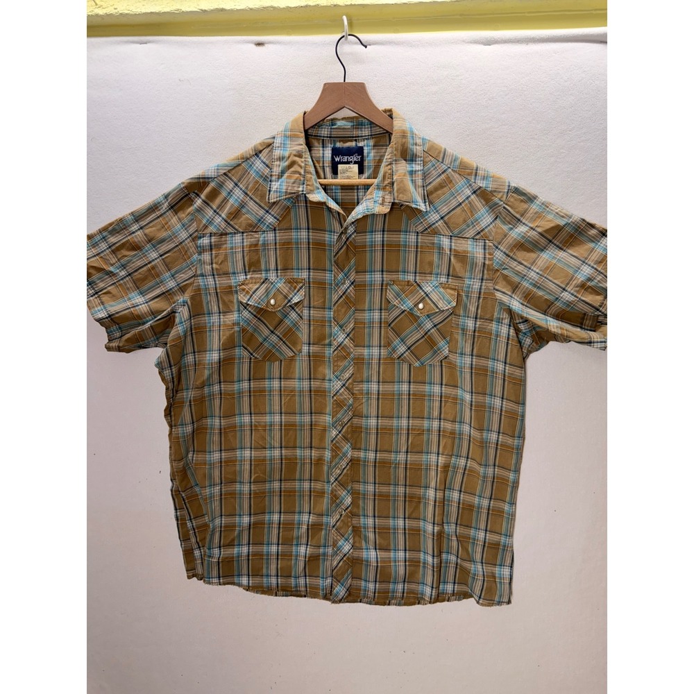 Wrangler Western Shirt Mens 2XT Tan Blue Plaid Short Sleeve Snap Up 3632